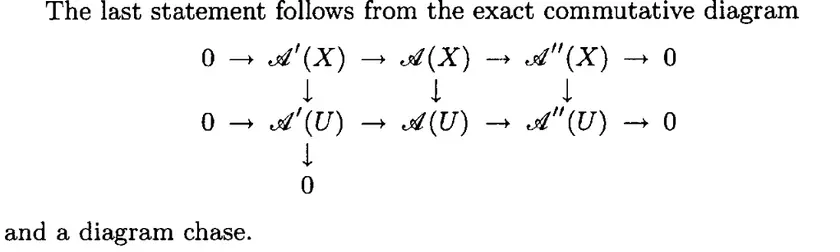 Screenshot of an exact diagram of sections of various sheaves under a s.e.s. and the surjective restriction maps